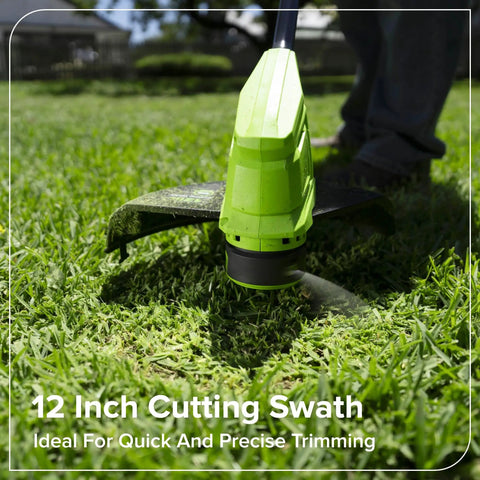 Tackle Stubborn Weeds Fast With This Heavy Duty 24V Brushless String Trimmer And 270 Cfm Electric Leaf Blower Combo Plus Reliable 20 Ah Battery Pack For Epic Yard Hustle. Close-up of 12-inch cutting swath on trimmer in grass.