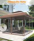 13x13 Pop Up Gazebo Outdoor Canopy Shelter With Four Sandbags No Fuss Quick Setup Sun Shade Canopy Double Tier Mesh Netting Waterproof UV Block Oxford Cloth Mosquito Guard For Lawn Garden Backyard And Deck Coffee installed on patio