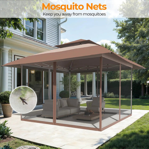 13x13 Pop Up Gazebo Outdoor Canopy Shelter With Four Sandbags No Fuss Quick Setup Sun Shade Canopy Double Tier Mesh Netting Waterproof UV Block Oxford Cloth Mosquito Guard For Lawn Garden Backyard And Deck Coffee installed on patio