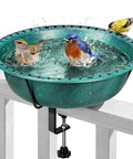 Weatherproof Deck Mounted Bird Bath And Feeder With Easy Clamp On For Railings Fences Or Balconies 1.45 Gallons Durable ABS Construction In Green shown with birds.