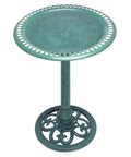Pedestal Birdbath With Scrollwork In Aged Green For Outdoor Gardens And Patios 28 Inch Tall Shallow Bowl Ideal For Multiple Small Birds