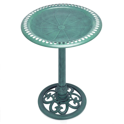 Pedestal Birdbath With Scrollwork In Aged Green For Outdoor Gardens And Patios 28 Inch Tall Shallow Bowl Ideal For Multiple Small Birds
