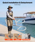 Person carrying Removable Aluminum Dock Ladder With Four Super Grippy Treads, easy install design on dock near boat.