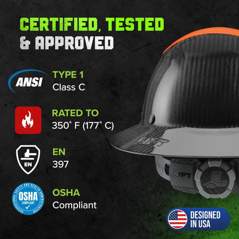 Carbon Fiber Full Brim Hard Hat With Reinforced Shell For Tough Work All Day Comfort And Expanded Coverage In Orange And Black Durable Protective Helmet For Construction And Industrial Sites with certification icons.