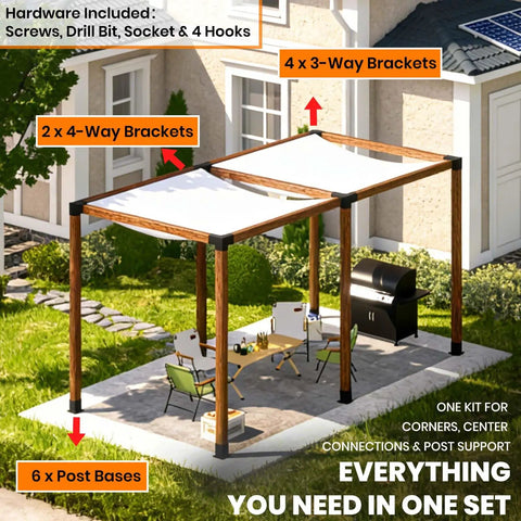 All In One Heavy Duty Pro Grade Pergola Brackets Kit For 4x4 Posts Includes 3 Way Corner 4 Way Center And Post Base Set 2mm Steel Hardware Fits 3.6 By 3.6 Inch Posts Built To Last For Patio Gazebo Backyard Build