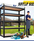 Heavy Duty 5 Tier Garage Shelving Unit Freestanding Steel Rack with garden tools and a worker outdoors