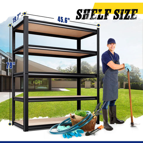Heavy Duty 5 Tier Garage Shelving Unit Freestanding Steel Rack with garden tools and a worker outdoors