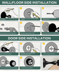 Installation guide for No Sweat Magnetic Door Stoppers 2 Pack Rustproof Stainless Steel Peel Strip with steps for wall and door.