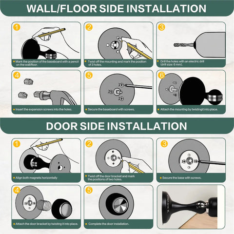 Installation guide for No Sweat Magnetic Door Stoppers 2 Pack Rustproof Stainless Steel Peel Strip with steps for wall and door.