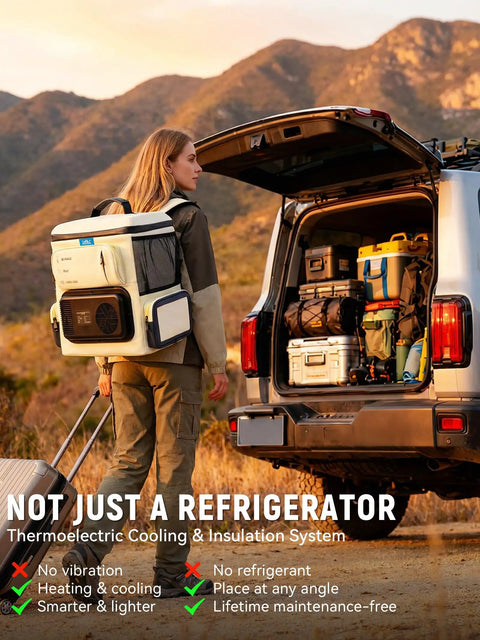 Woman carrying Ultra Light 16Qt Electric Cooler Bag with precision dual temp knobs next to SUV, ideal for outdoor trips.