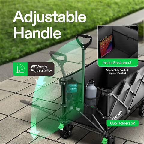 Heavy Duty Collapsible Folding Wagon With 350 Lb Haul Capacity featuring adjustable handle, cup holders, and side pockets
