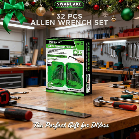 32 Piece Hex Key Set With SAE And Metric Allen Wrenches box on a workbench in a workshop