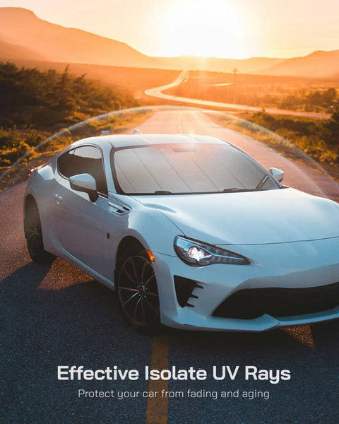 Premium Windshield Sun Shade For Kia Niro And Niro EV 2023 To 2026 Gen 2 on a white car in sunset, protecting against UV rays.