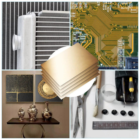 Brass Shim Stock Sheets 0.010 Inch Thick, 10 By 4 Inch Brass Plate Sheets, 6 Piece Pack shown with tools and applications