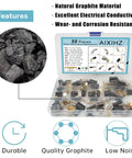 Carbon Brush Set For Electric Motors 50 Pieces In 10 Sizes Replacement Parts For Power Tools Including Angle Grinders Hammer Drills Circular Saws Pro Grade Graphite Copper Brushes For Quiet Low Sparking Performance DIY Friendly in plastic case with feature descriptions