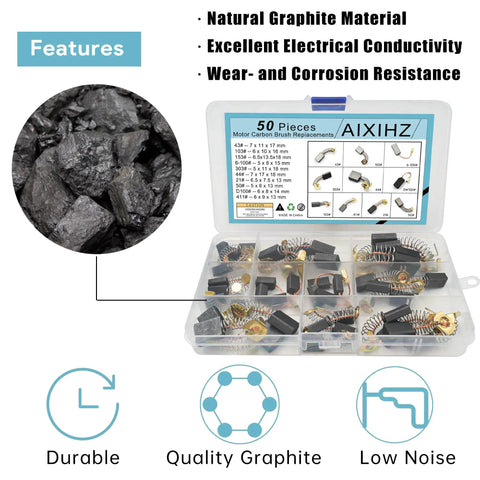 Carbon Brush Set For Electric Motors 50 Pieces In 10 Sizes Replacement Parts For Power Tools Including Angle Grinders Hammer Drills Circular Saws Pro Grade Graphite Copper Brushes For Quiet Low Sparking Performance DIY Friendly in plastic case with feature descriptions