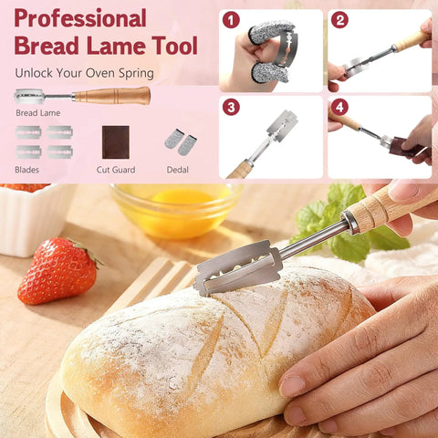 Using a bread lame tool for a decorative pattern on sourdough, featuring All-In-One Sourdough Gear With 2 Proving Baskets Oval And Round Starter Jar Dough Whisk Bench Scraper Lame Bread Sling And More A 22-Piece Complete Bake At Home Set For Artisan Bread Lovers The Perfect Gift For Women Moms Wives Bakers.