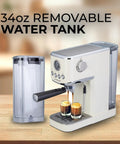 Game Changer 20 Bar Espresso Maker With Dependable Steam Wand And Silky Milk Frother For Brewing Hot Or Iced Coffee On The Regular Zero Hassle Cold Brew Mode Roomy Removable Water Tank And Polished Stainless Finish displayed with 34oz removable water tank beside it.