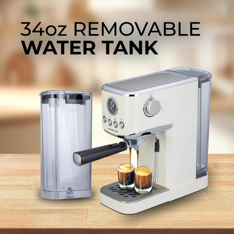 Game Changer 20 Bar Espresso Maker With Dependable Steam Wand And Silky Milk Frother For Brewing Hot Or Iced Coffee On The Regular Zero Hassle Cold Brew Mode Roomy Removable Water Tank And Polished Stainless Finish displayed with 34oz removable water tank beside it.