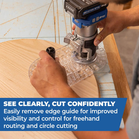 Top Shelf Trim Router Edge Guide With An Ergonomic Grip For Bullseye Precision On Standard Wood Routers used for circle cutting.