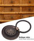 Antique Round Drawer Pulls Vintage Style Knobs on wooden cabinet, bronze finish, zinc alloy, 32mm base, 34mm ring, 40mm height