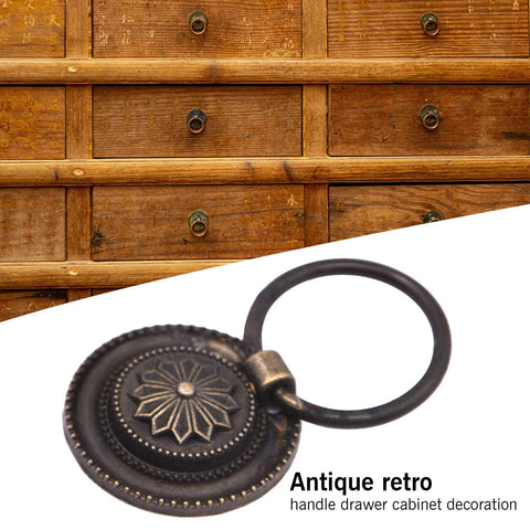Antique Round Drawer Pulls Vintage Style Knobs on wooden cabinet, bronze finish, zinc alloy, 32mm base, 34mm ring, 40mm height