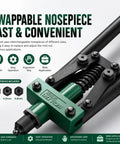 Heavy Duty Pop Rivet Gun Kit With 200 Rivets, Dual Lever Hand Riveter, 3 Interchangeable Nosepieces For 1/8, 5/32, 3/16 Blind Rivets, Labor Saving Riveting Tool For Metalworking And Automotive Projects. Swappable nosepiece close-up