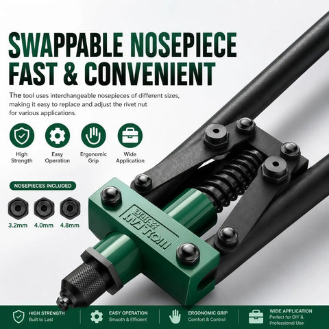 Heavy Duty Pop Rivet Gun Kit With 200 Rivets, Dual Lever Hand Riveter, 3 Interchangeable Nosepieces For 1/8, 5/32, 3/16 Blind Rivets, Labor Saving Riveting Tool For Metalworking And Automotive Projects. Swappable nosepiece close-up