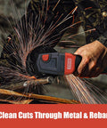 18V Cordless Angle Grinder With Brushless Motor cutting metal, sparks flying, tool in use by person wearing camouflage sleeves
