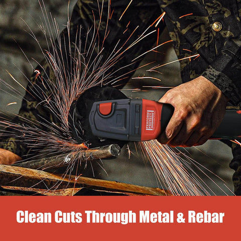 18V Cordless Angle Grinder With Brushless Motor cutting metal, sparks flying, tool in use by person wearing camouflage sleeves