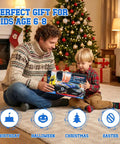 Father and son opening 9.86Ft 2-In-1 Slot Car Track Set With Four Cars Dual Racing Mode by Christmas tree, ideal gift for boys.