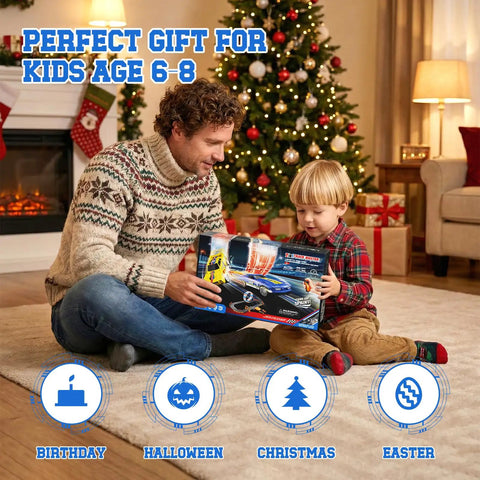 Father and son opening 9.86Ft 2-In-1 Slot Car Track Set With Four Cars Dual Racing Mode by Christmas tree, ideal gift for boys.