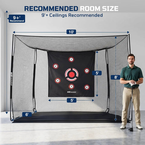 Heavy Duty Golf Hitting Net With 3 Sided Protection Cage, 10x8x6ft Reinforced Steel Frame And Target Cloth in room setup