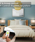 Bedroom with Color Changing Smart Lamp For Bedroom With App Control And WiFi Alexa Support, tablets showing control app.
