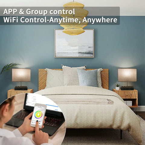 Bedroom with Color Changing Smart Lamp For Bedroom With App Control And WiFi Alexa Support, tablets showing control app.