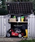 Store It Out Prime Outdoor Resin Storage Shed with hydraulic pistons open, showing lawn tools and a mower inside