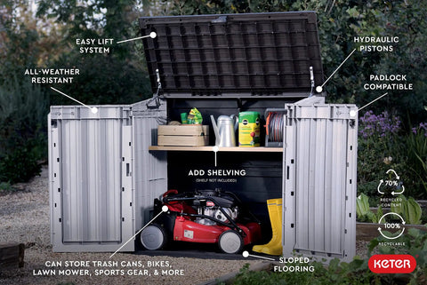 Store It Out Prime Outdoor Resin Storage Shed with hydraulic pistons open, showing lawn tools and a mower inside