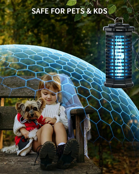 Outdoor Bug Zapper 4000V Electric Mosquito Zapper, 15W UV Light, in a garden setting with child and dog, IPX4 protection.