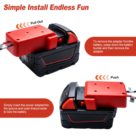 18V Battery Adapter Kit for Milwaukee M18 to Power Ride On Toys, RC Cars, and Robotics Converter with Switch and Fuse installation.