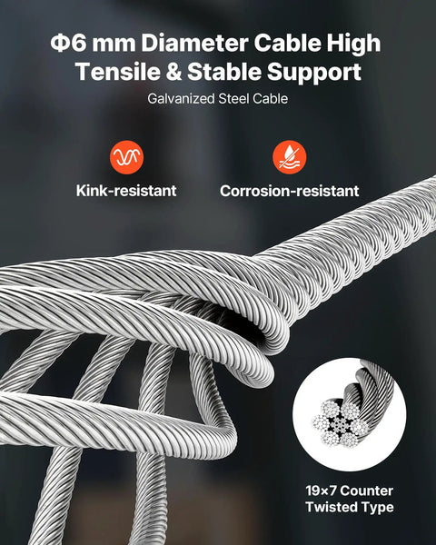 Galvanized steel cable for 2 In 1 Electric Hoist Winch, 6 mm diameter, high tensile, kink-resistant, corrosion-resistant.