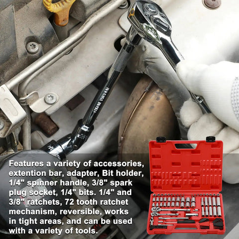 Mechanic using All In One 94 Piece One Quarter Inch And Three Eighth Inch Drive Socket Set with red case in home repair project