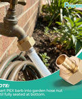 Heavy Duty Solid Brass Garden Hose Adapter Swivel Connector From One Half Inch PEX Barb To Three Quarter Inch GHT Female For Lawn Irrigation Boat RV Water Systems No Tools Needed For Easy Setup Leakproof 360 Degree Swivel installed on outdoor faucet