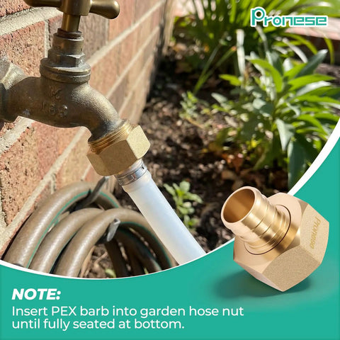 Heavy Duty Solid Brass Garden Hose Adapter Swivel Connector From One Half Inch PEX Barb To Three Quarter Inch GHT Female For Lawn Irrigation Boat RV Water Systems No Tools Needed For Easy Setup Leakproof 360 Degree Swivel installed on outdoor faucet
