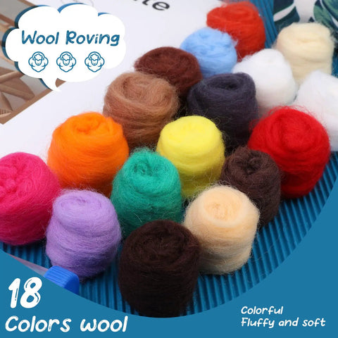 18-color wool roving set from Needle Felting Starter Kit With Exquisite Green Storage Bag Essential Felting Tools."}