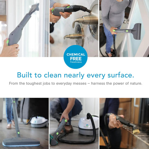Score A Spotless Shine With Zero Toxic Chemicals This Canister Steam Cleaner Blasts Away Grime On Floors Grout Windows And Autos Using Intense Vapor Power, demonstrating attachment use.