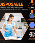 Woman wearing blue disposable apron in kitchen with text overlay showing features of Blue Disposable Aprons Bulk Pack Of 1000 Count 24x48 Inches Waterproof Polyethylene, Individually Wrapped, Heavy Duty Protection For Cookin, Food Prep, Cleanin, Painting And More.