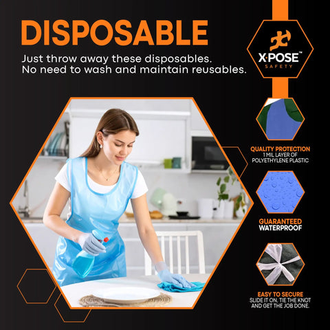 Woman wearing blue disposable apron in kitchen with text overlay showing features of Blue Disposable Aprons Bulk Pack Of 1000 Count 24x48 Inches Waterproof Polyethylene, Individually Wrapped, Heavy Duty Protection For Cookin, Food Prep, Cleanin, Painting And More.