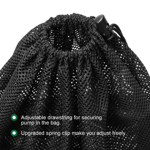Black mesh Heavy Duty Pump Barrier Bag For Ponds Pond Filter Mesh with drawstring and spring clip detail