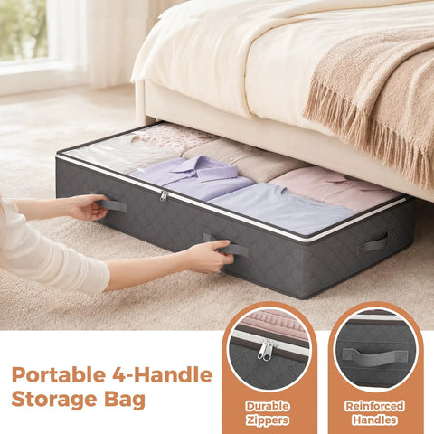 Heavy Duty Foldable Under Bed Storage Bins, 95 Liter Capacity Set Of Four, Breathable Non Woven Fabric Closet Organizers To Keep Your Space Tight And Clutter Free, Grey