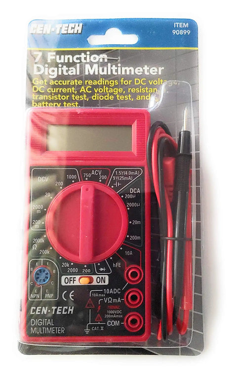 Digital Amp Ohm Volt Meter For DIY Techies, 7 Function Multimeter in red, with three point five digit LCD and 32 inch leads